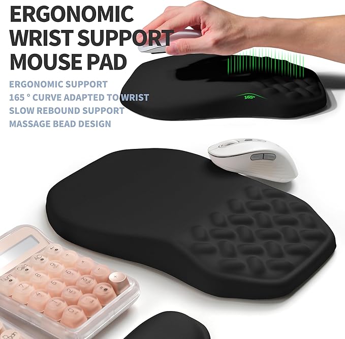2-in-1 Ergonomic Set, Wave Keyboard Wrist Rest and Massage Slope Mouse Pad Wrist Support, Rebound Memory Foam for Relieve Carpal Tunnel Syndrome and Wrist Pain (Black)
