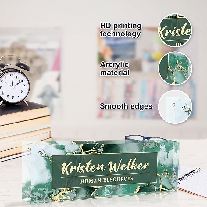 Personalized Office Name Plate, Custom Name Plate for Desks, Office Desk Decorations Gift for Women Men, Acrylic Desk Name Plate for Teacher Coworkers Staff Boss (Green Marble)