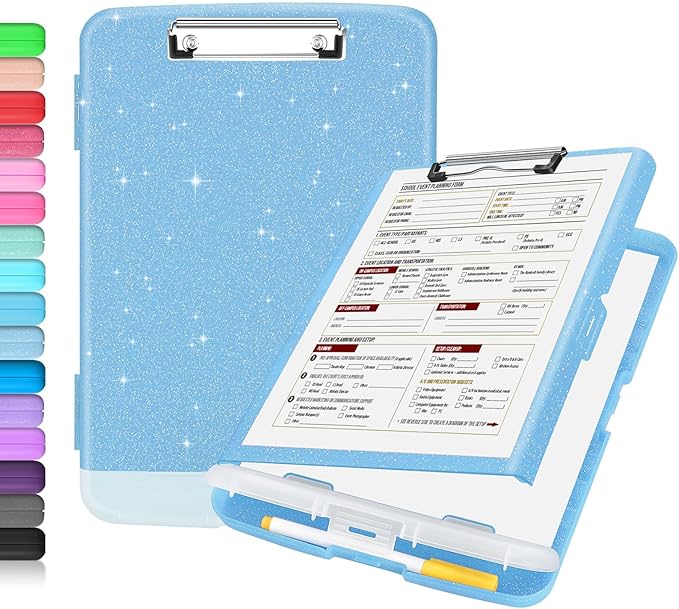Sooez Glitter Clipboard with Storage, High Capacity Clip Boards 8.5x11 with Pen Holder, Cute Clipboards with Low Profile Clip, Sparkle Plastic Organizer Case Box for Women & Kids, Side Opening
