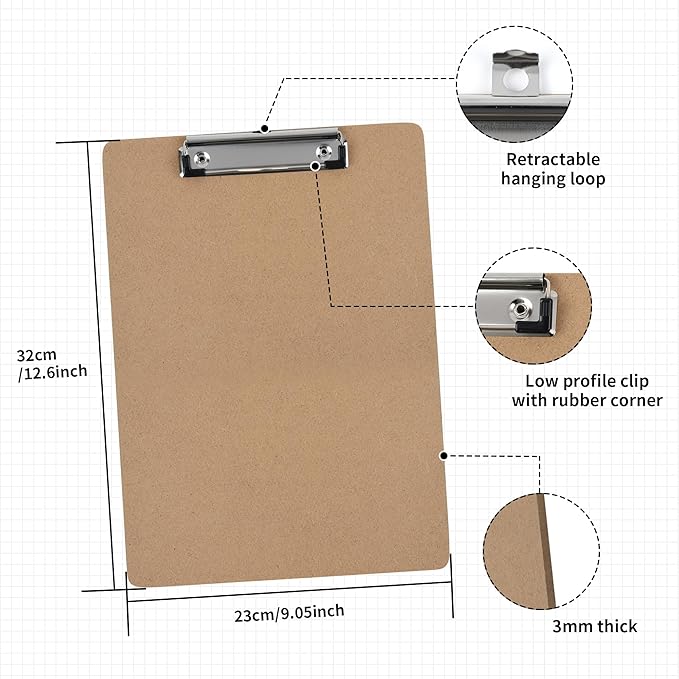 Uzant Clipboards 20 Pack Letter Size 9" x 12.5" Clipboards Bulk, Wooden Hardboard A4 Clip Boards Pack for 8.5" x 11" Paper with Low Profile Clip, Hanging Loop for Office Home Classroom