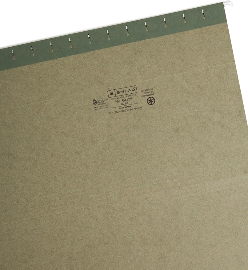 Smead Hanging File Folder with Tab, 1/3-Cut Adjustable Tab, Legal Size, Standard Green, 25 per Box (64135)