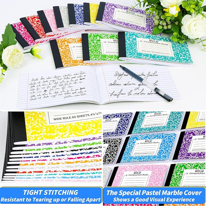 36 Pack Composition Notebooks Bulk Wide Ruled 4-7/8"x 7.5" Half Size Composition Books 60 Sheets Mini Notebook 12 Color Small Pocket Marble Journal Books for Students College Office Back to School Supplies