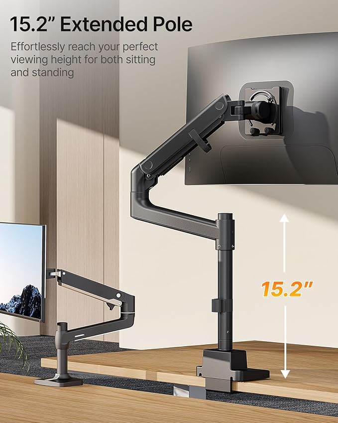 monTEK Heavy-Duty Single Monitor Arm for 17-57 inch, up to 59.4lbs Ultrawide Screens,Gas Spring Dual Curved Adjustable Monitor Stand for Desk,75/100mm VESA Mount with USB，Black