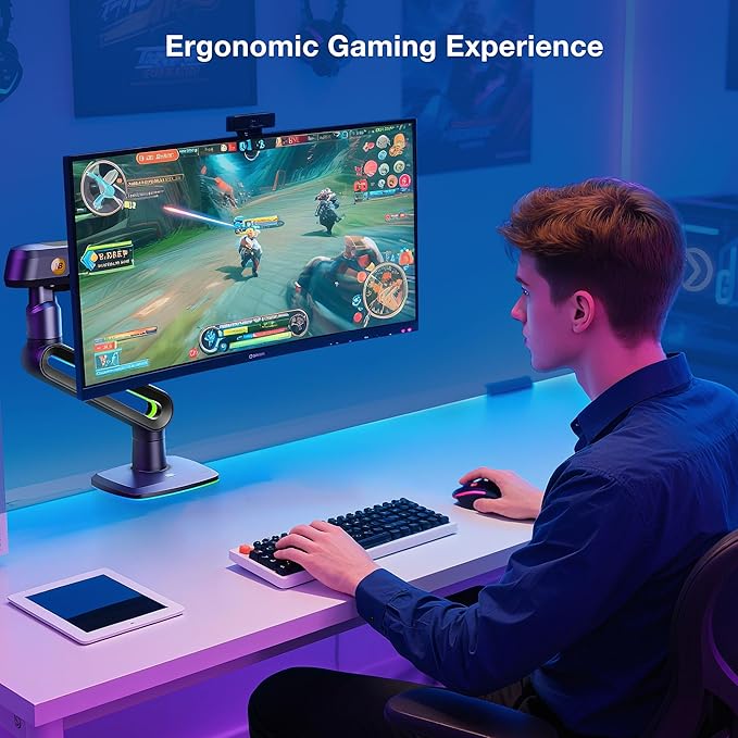 NB Designer Gaming Monitor Arm for 32 to 60 Inches Screen, Load up to 20 kg, VESA 75/100, RGB-Light, Heavy Duty, Multi Angle Adjustable, Premium Aluminum, Long Arm Extension Grey Black