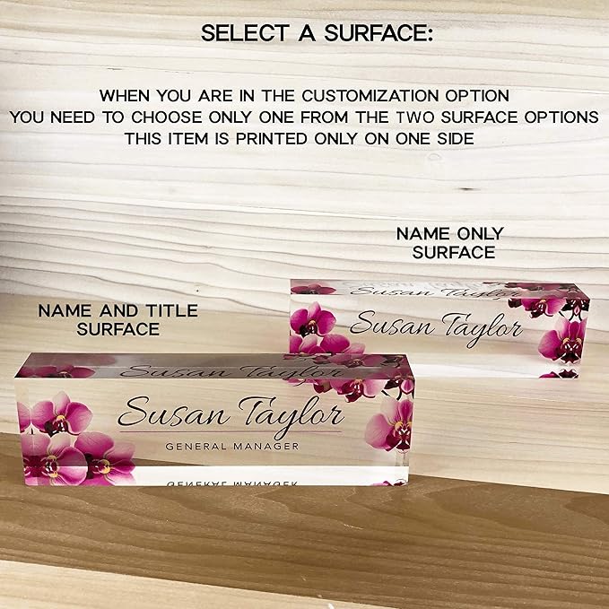 Artblox Custom Desk Name Plate - Orchids Design on Clear Acrylic Glass - Personalized with Your Name and Credentials for Office