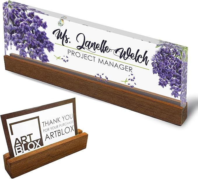 Artblox Personalized Office Desk Name Plate and Business Card Holder | Clear Acrylic Glass with Teak Wood Stand | Lavender Flowers Design Customized with Your Name and Credentials Office Desk Décor