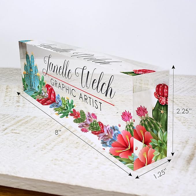 Artblox Office Desk Name Plate Personalized | Custom Name Plates for Desks | Cactus Design On Clear Acrylic Glass | Cute Office Desk Accessories Customized Gifts - (8" x 2.5")