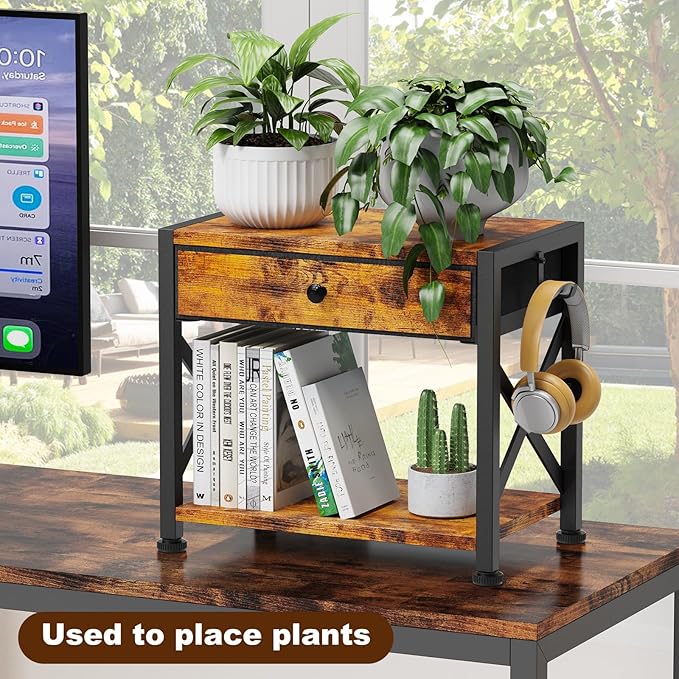 EasyCom 2-Tier Desktop Printer Stand with Large Drawer, Under Desk Storage with Wheels, Small Shelf with Storage for Paper Storage Printer Scanner Fax Home Office Use Rustic Brown