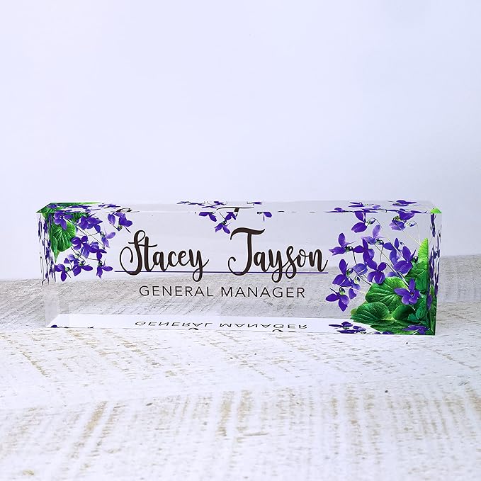 Artblox Personalized Name Plate For Desk | Violets Flowers Design On Clear Acrylic Glass | Custom Desk Name Plate Personalized With Your Name And Credentials For Teacher Phd Military Office Name Plate