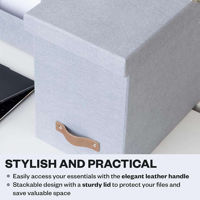 Bigso John File Box - File Storage Box and File Organizer for Important Paperwork - Durable Hanging File Box with Lid and Leather Handle - 7.36 in x 13.26 in x 10.51 in - Ash