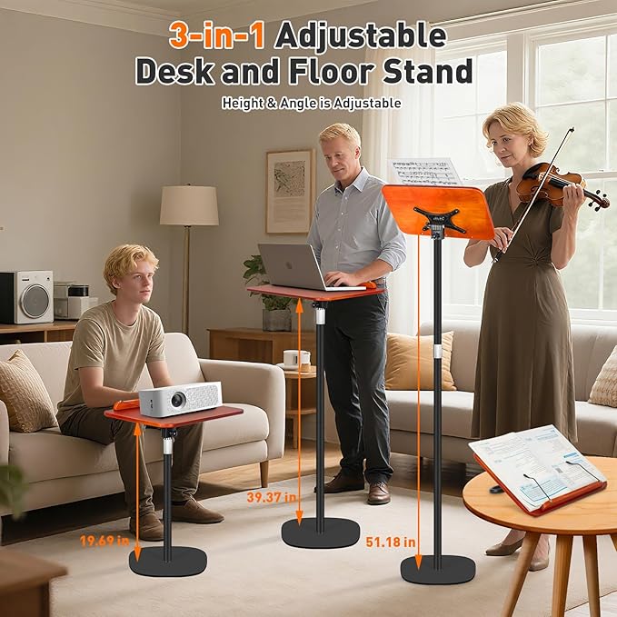 2-in-1 Floor Standing Book Stand, Foldable Book Holder for Reading with Page Clips, 19"–51" Height Adjustable, Sturdy Podium Stand for Reading, Bible, Laptop, Cookbooks, or Projector，Black