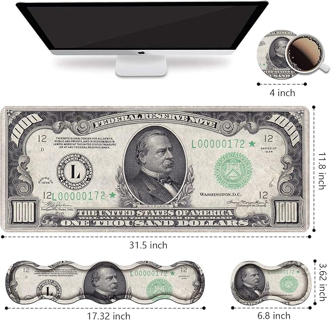 Ergonomic Keyboard Wrist Rest and Mouse Pad Wrist Rest Set, Large XXL Gaming Mousepad 31.5"x 11.8", Memory Foam, Easy Typing Pain Relief, Multifunctional Desk Mat for Office & Home, 1000 Dollar Bill