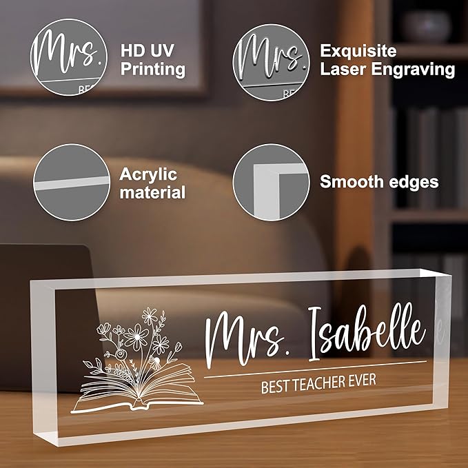Personalized Desk Name Plates, Acrylic Engraved Teacher Name Plate for Desk, Custom Office Gifts & Desk Decor for Women Men, Back to School Teacher Appreciation Gifts