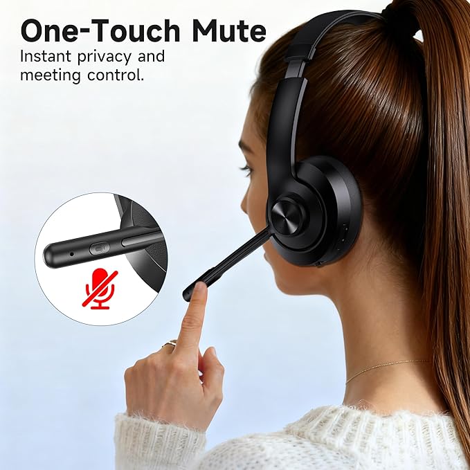 AOC Wireless Headset with Mic for Work, Bluetooth 5.4 Headphones with Noise Canceling Microphone, USB C, 30H, Clear Calls & Mic Mute for PC, Laptop, Cell Phones, Zoom - Black