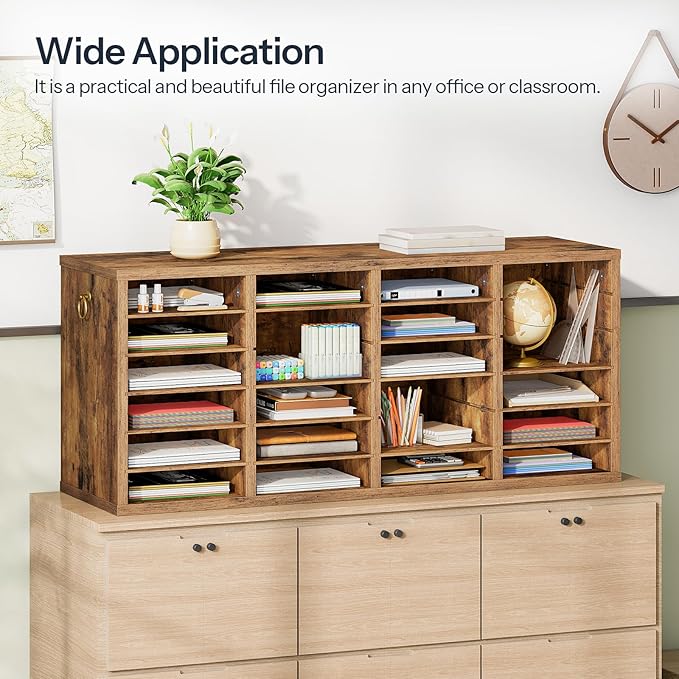 HOOBRO Literature Organizers, 24 Compartments Office Mailbox with Adjustable Shelves, Wood Countertop Literature Sorter for Office, Home, Classroom, Mailrooms Organization Rustic Brown FG64WF01