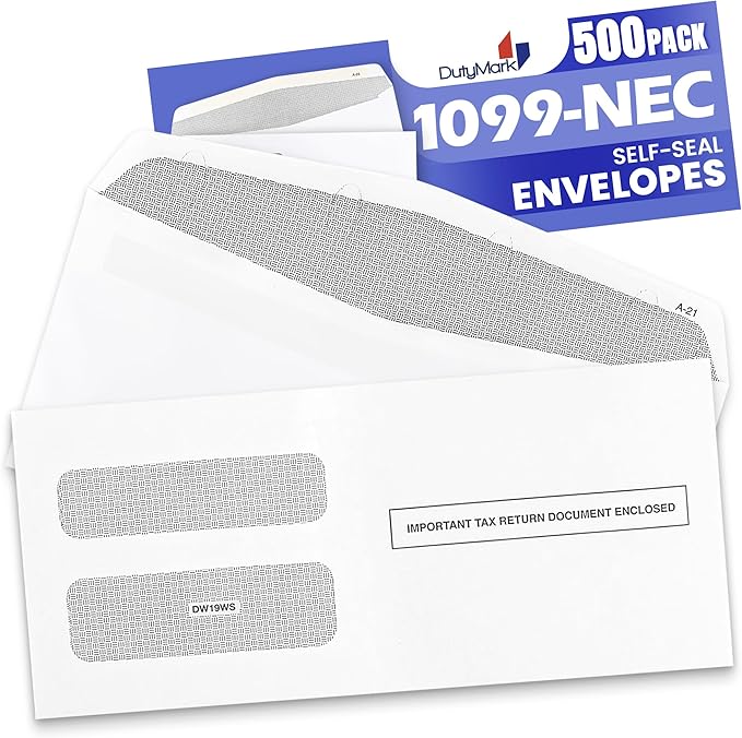 500 1099 NEC Tax Form Envelopes Designed for Printed 1099 NEC Forms 2025, Self-Seal Double-Window, Security Tinted Envelopes, Fits Preprinted 3 up 1099 NEC 2025 Box of 500