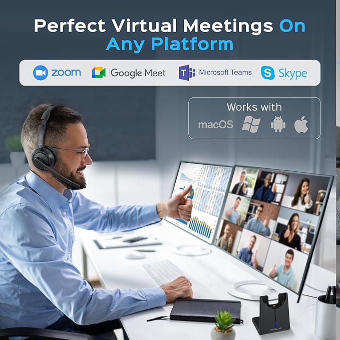 TREBLAB C7-Pro Wireless Bluetooth Headset, 45H Playtime, Bluetooth 5.3, 40mm Drivers, Type-C Fast Charging, IPX4 Waterproof, Wireless Headset with Mic for Work, Home Office, Calls, Laptop, PC