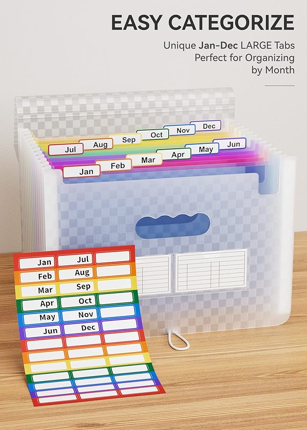 ABC life 12 Pockets Accordion File Organizer Expanding File Folders, Portable Monthly Bill Receipt Document Organiser, Expandable Accordian Filing Folder Letter A4 Size, Colored Tabs (Blue)