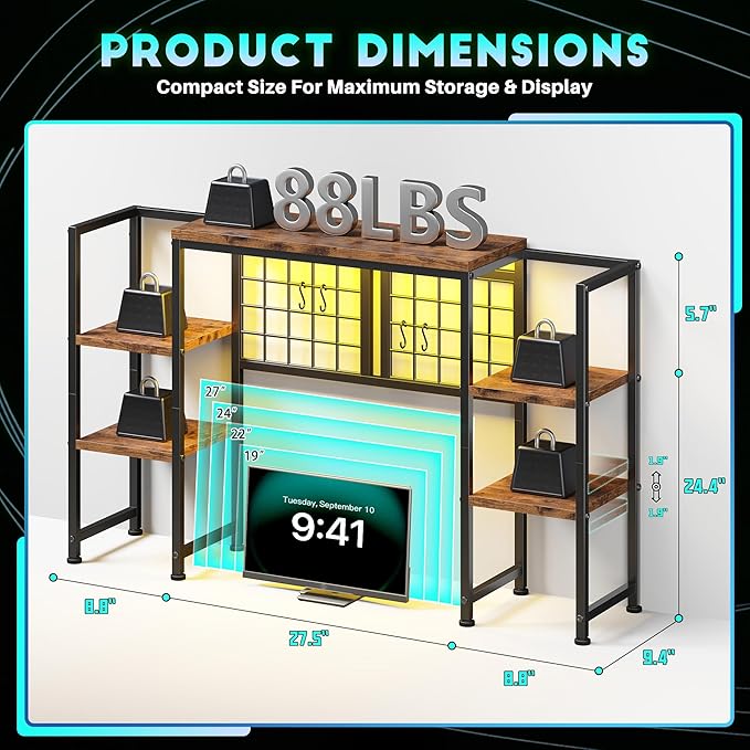 REIBII Desk Shelf with LED Light Strip,Adjustable 45.1" Desk Hutch Dorm with 5 Tier Display Shelf Rack,Desktop Bookshelf with Grid Panel & Hooks for Home, Office and Dorm, Rustic Brown