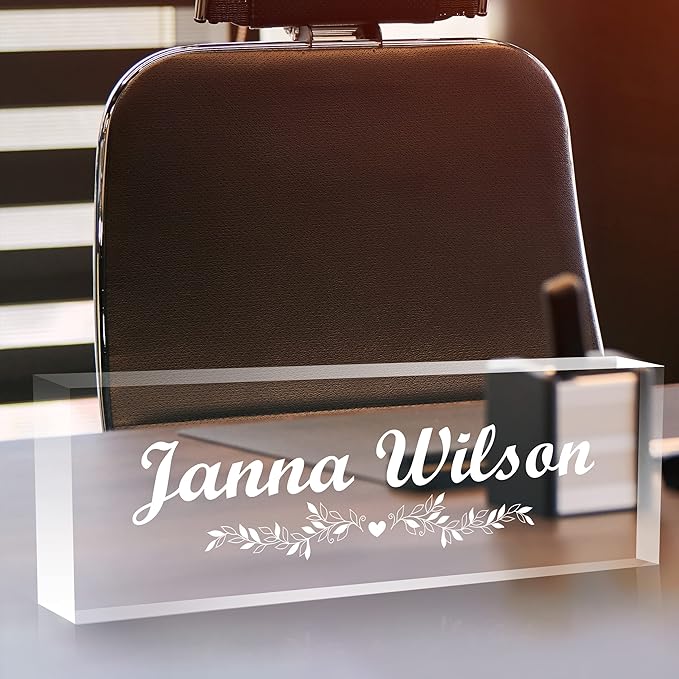 Personalized Desk Name Plate, Custom Acrylic Glass Name Plates for Desks, Office Desk Decor Nameplate, Desk Accessories, Teacher Boss Coworkers Employee Appreciation Gift (Engraved Flower 1)