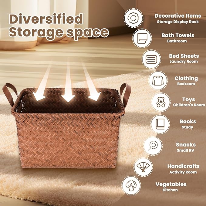 Storage Baskets 4-Pack - Woven Laundry Basket Organizer, 15x11x10.5 Inch Open Hamper Bins for Clothes Blanket Storage, Shelf Closet Organization, 25L Handwoven Rattan Baskets for Home Decor