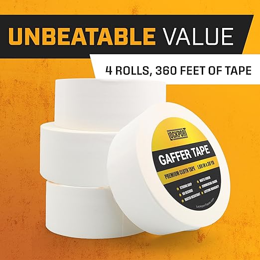 Lockport White Gaffers Tape 2 inch x 30 Yards - 4 Pack Pro White Gaff Tape - No Residue, Water Resistant, Non-Reflective, Easy Tear - Multipurpose