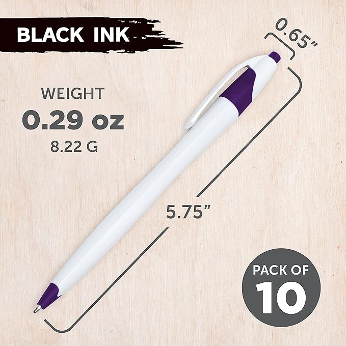 DISCOUNT PROMOS Slim Curvy Ballpoint Pens Set of 10, Bulk Pack - Black Ink, Retractable, Great for Office, School, Tradeshows - Purple