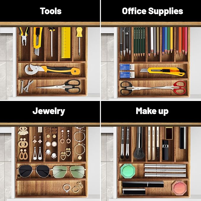 Acacia Wood Silverware Organizer, Kitchen Utensil Drawer Organizer for Forks & Spoons, 7-Compartment Cutlery Tray, Flatware Holder