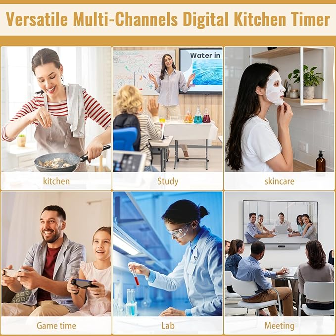 Digital Dual Kitchen Timer, 4 Channels Independent Countdown Timer, Large Display, On/Off, Loud Volume Alarm and Flashing Light with Magnetic Back, Stand, Battery Included (Black)