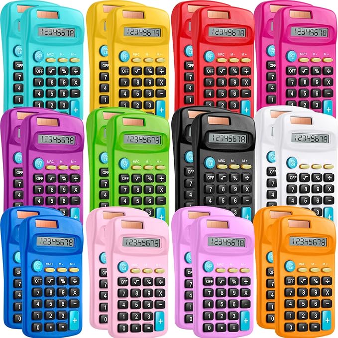 24 Packs Pocket Size Mini Calculator Basic Calculators for Handheld Angled Students 8 Digit Display Solar Battery Dual Power Small Calculator for Students Kids Home Office (12 Colors)