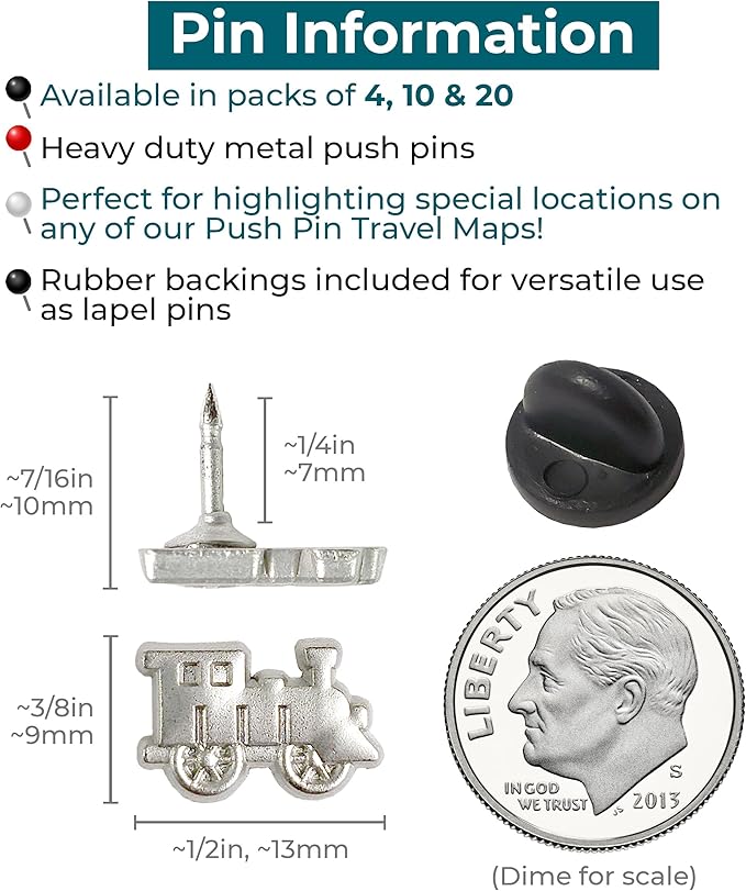 Train Push Pins - Silver Metal Train Pins - for Cork Board, Maps, or Lapel Pin Use - Designed in USA - Set of 10