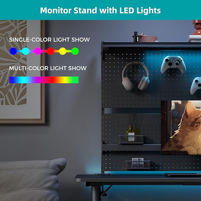 EUREKA ERGONOMIC Desk Pegboard with Dual Monitor Stands, LED Metal Pegboard for Gaming Desk, Privacy Panel with 4 Accessories Modular Hanging, Computer Accessories for Office, 59 x 34 Inch, Black