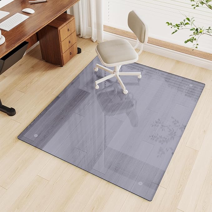 FlyEcho Glass Chair Mat 46" x 55" Heavy Duty Tempered Glass Office Chair Mat, Glass Floor Mat with Round Corner and Polished Edge for Smooth Glide, Carpet Hardwood Floor Protector,Grey