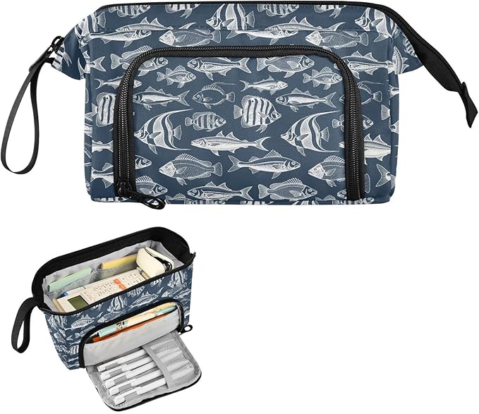 Fish Vintage Pencil Case Pouch Big Capacity Pencil Bag Box Organizer Pen Case with Zipper Pencil Cases for Girls Boys Women School College Office