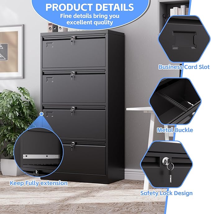 SUXXAN 4 Drawer File Cabinet, Lateral Filing Cabinet with 4 Locks for Home Office, Black File Cabinets with Business Card Holder for Letter/Legal/F4/A4 Hanging Files
