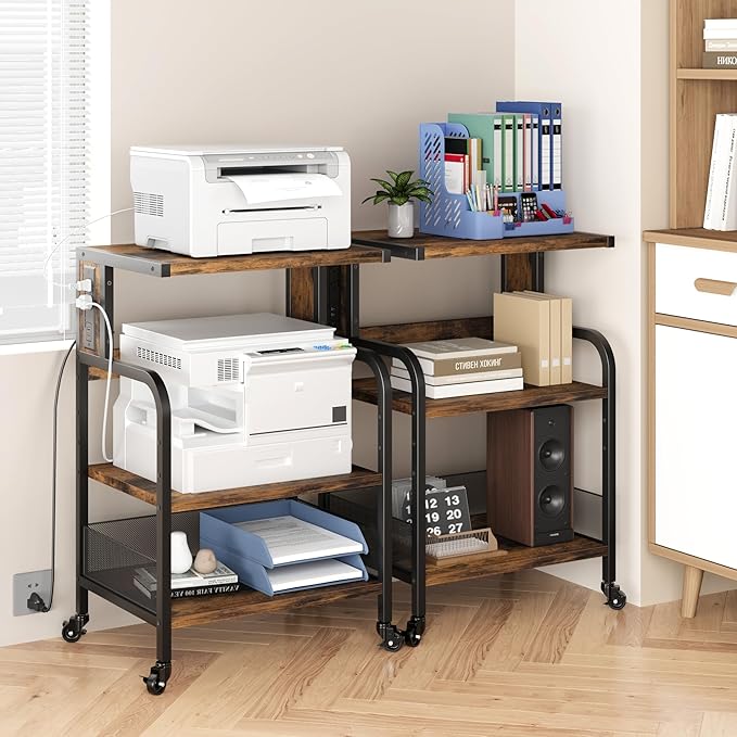 GarveeLife Printer Stand with Power Outlets, 3-Tier Rolling Printer Table with Lockable Wheels, Heavy Duty Printer Cart with Adjustable Shelves, Utility Storage Cart for Home, Office, Brown