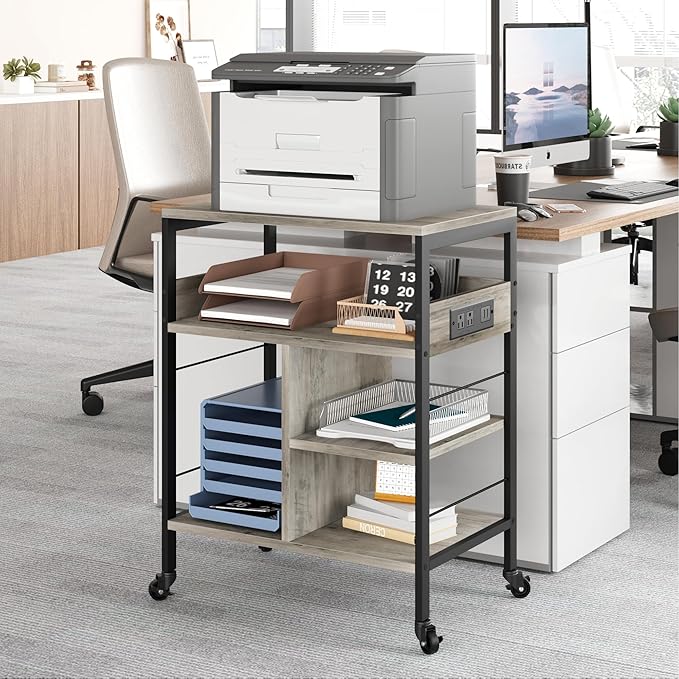 GarveeLife Printer Stand with Power Outlets, 4-Tier Rolling Printer Table with Lockable Wheels, Heavy Duty Printer Cart with Storage, Utility Storage Cart for Home, Office, Gray