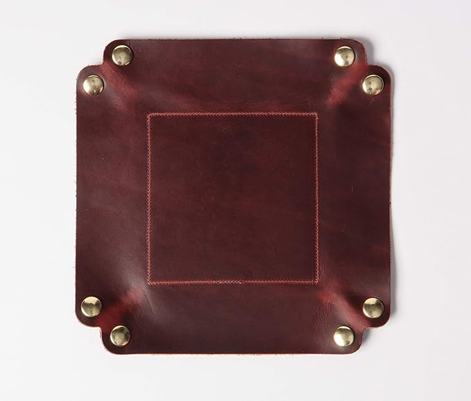 USA Handmade Premium Leather Valet Tray, Folds Flat! Dice Rolling Basket and Organizer with Brass Rivets (Burgundy, Medium)
