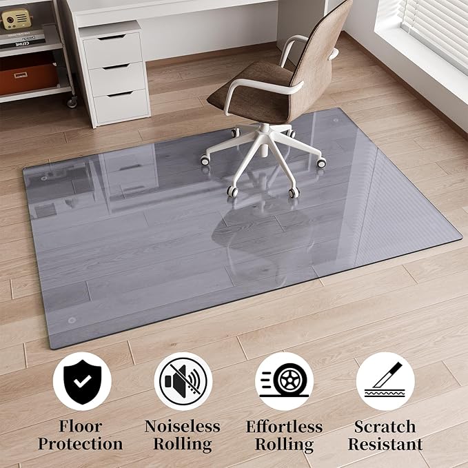 FlyEcho Glass Chair Mat 46" x 55" Heavy Duty Tempered Glass Office Chair Mat, Glass Floor Mat with Round Corner and Polished Edge for Smooth Glide, Carpet Hardwood Floor Protector,Grey