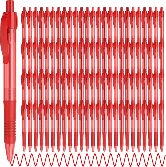 deegtran Pens Bulk, 100 Pack No Bleed Red Ink Click Pens with Soft Grip, Wholesale Retractable Ballpoint Pens for Office School, Medium Point Smooth 1.0MM