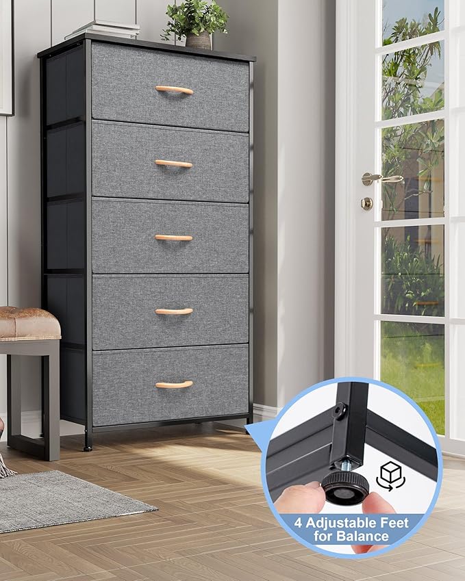 Crestlive Products Vertical Dresser Storage Tower - Sturdy Steel Frame, Wood Top, Easy Pull Fabric Bins - Wide Organizer Unit for Bedroom, Hallway, Entryway, Closets - 5 Drawers(Gray)