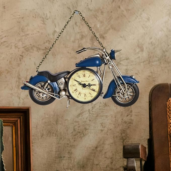 YCHTEWY-Vintage Metal Motorcycle Wall Clock - Battery Operated, Unique Home & Office Decor Gift, Stylish Art Deco Design(B)