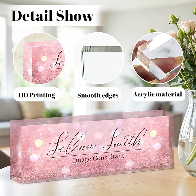 Personalized Name Plate for Desk, Custom Acrylic Desk Name Sign, Office Appreciation Gifts for Women Men Coworkers Boss Teacher Employee (Pink Sequin)