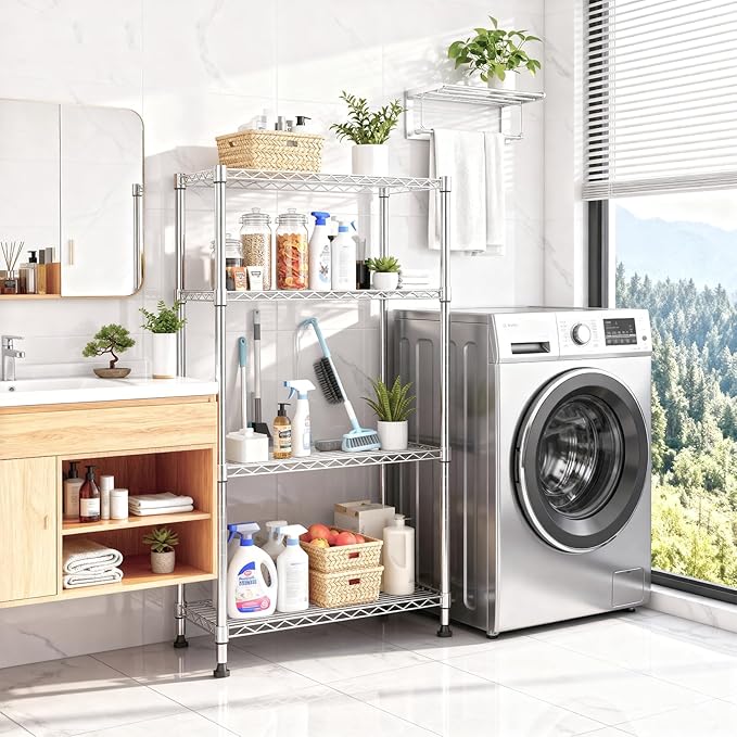 5-Shelf Storage Shelves,Wire Shelving Heavy Duty Metal Storage Shelving Unit Adjustable Garage Shelving Rack Pantry Kitchen (Chrome, 4 Tier,15.8" D x 45.3" W x 59.4" H)