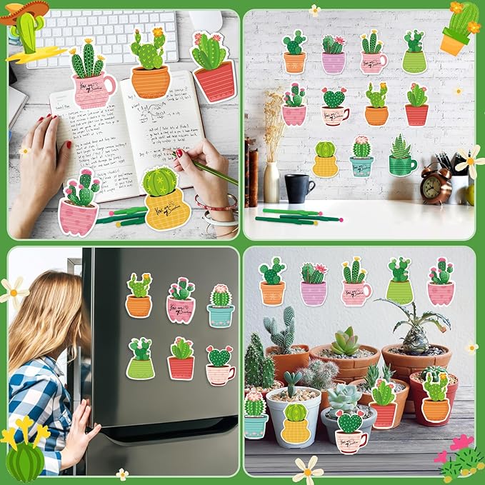 12 Sets Cactus Sticky Notes and Cactus Shaped Ballpoint Pens, Cute Self-Stick Notepads Plant Memo Pads for Office Supplies Party Favors, Christmas Gifts for Coworkers Teachers
