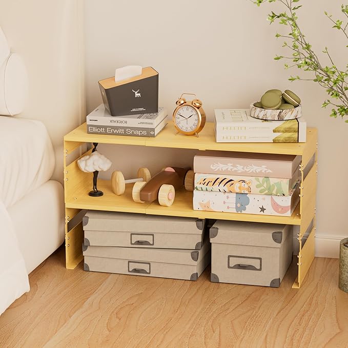 Adjustable Metal Bedside Shelf – Stackable Shelf for Bedroom, Living Room, Office, Space-Saving Storage Organizer, Easy Assembly，Sleek Matches Any Decor(1PACK/Burlywood)