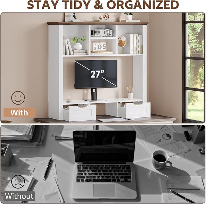 Desktop Bookshelf with Computer Monitor Stand, 37.4''W Desk Shelf Display Rack, Desktop Organizer Storage Rack with 4 Cubbies and 2 Drawers, 5-Tier Desk Hutch for Home, Office, Dorm, Vanity