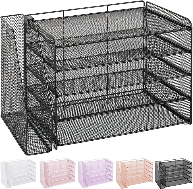 OPNICE Desk Organizer, 5-Tier Paper Organizer Letter Tray with Magazine Holder, Office Desk Accessories & Workspace Organizers, Desktop File Organizer for Office Supplies Storage, Black