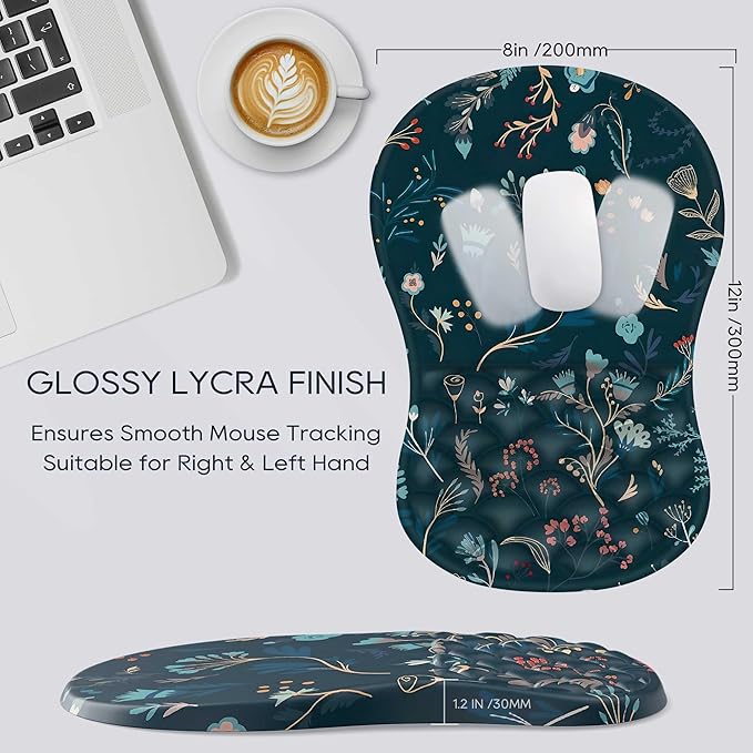 HunDun Ergonomic Mouse Pad Wrist Support, Wrist Rest Mousepad for Carpal Tunnel Pain Relief with Integrated Memory Foam Slope Massage Bulge， Mousepads for Wireless Mouse & Desk（Green Flower）