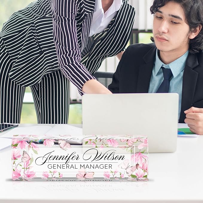 Personalized Acrylic Desk Name Plate - Custom Employee Appreciation Gifts - Office Gifts for Women, Men, Boss, Coworkers, Teacher, Nurse (Pink Flower Butterfly)